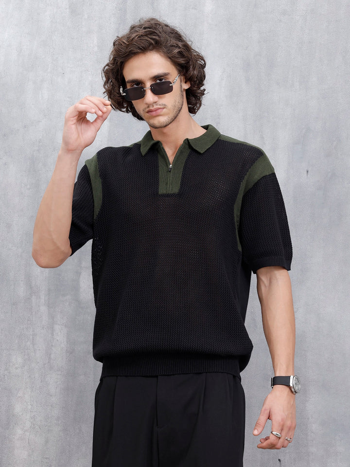 Casual Men Oversized Fit Flat Knit Polo T-shirt With Zipper | Black