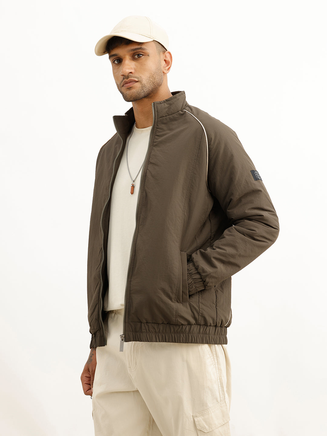Solid Regular Fit Zipper Puffer Jacket | Green