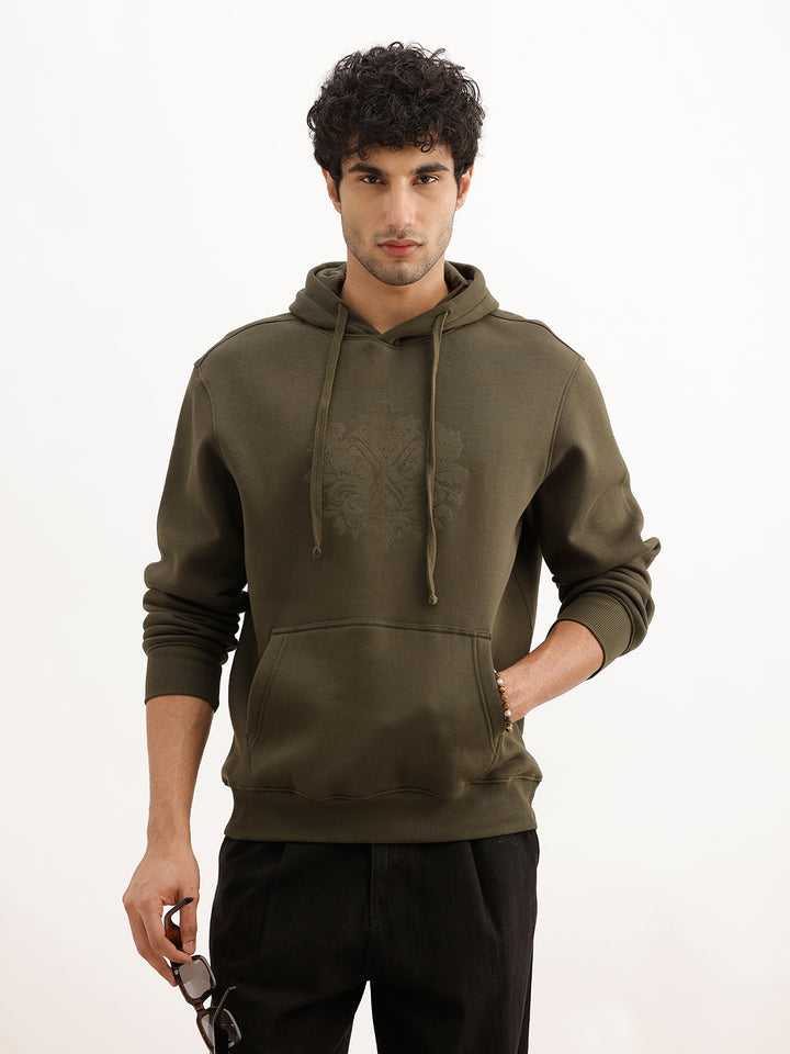 Solid Comfort Fit Flock Printed Hooded Sweatshirt | Olive