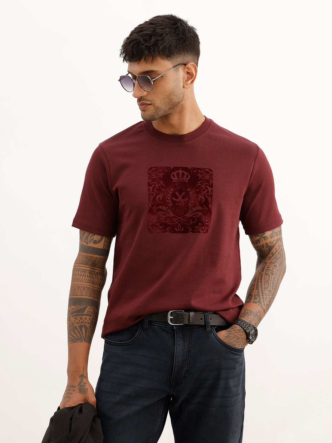 Classic Slim Fit Flock Print T-Shirt | Wine