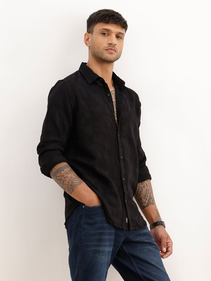 Solid Textured Slim Fit Full Sleeve Shirt | Black