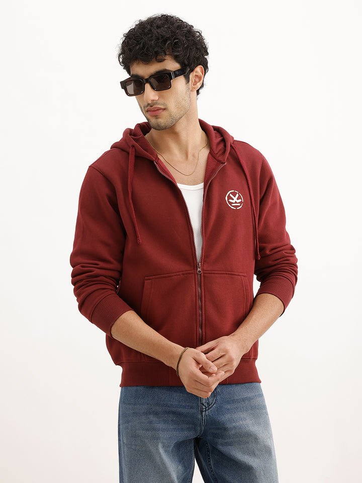 Classic Foil Printed Zipper Hooded Sweatshirt | Maroon