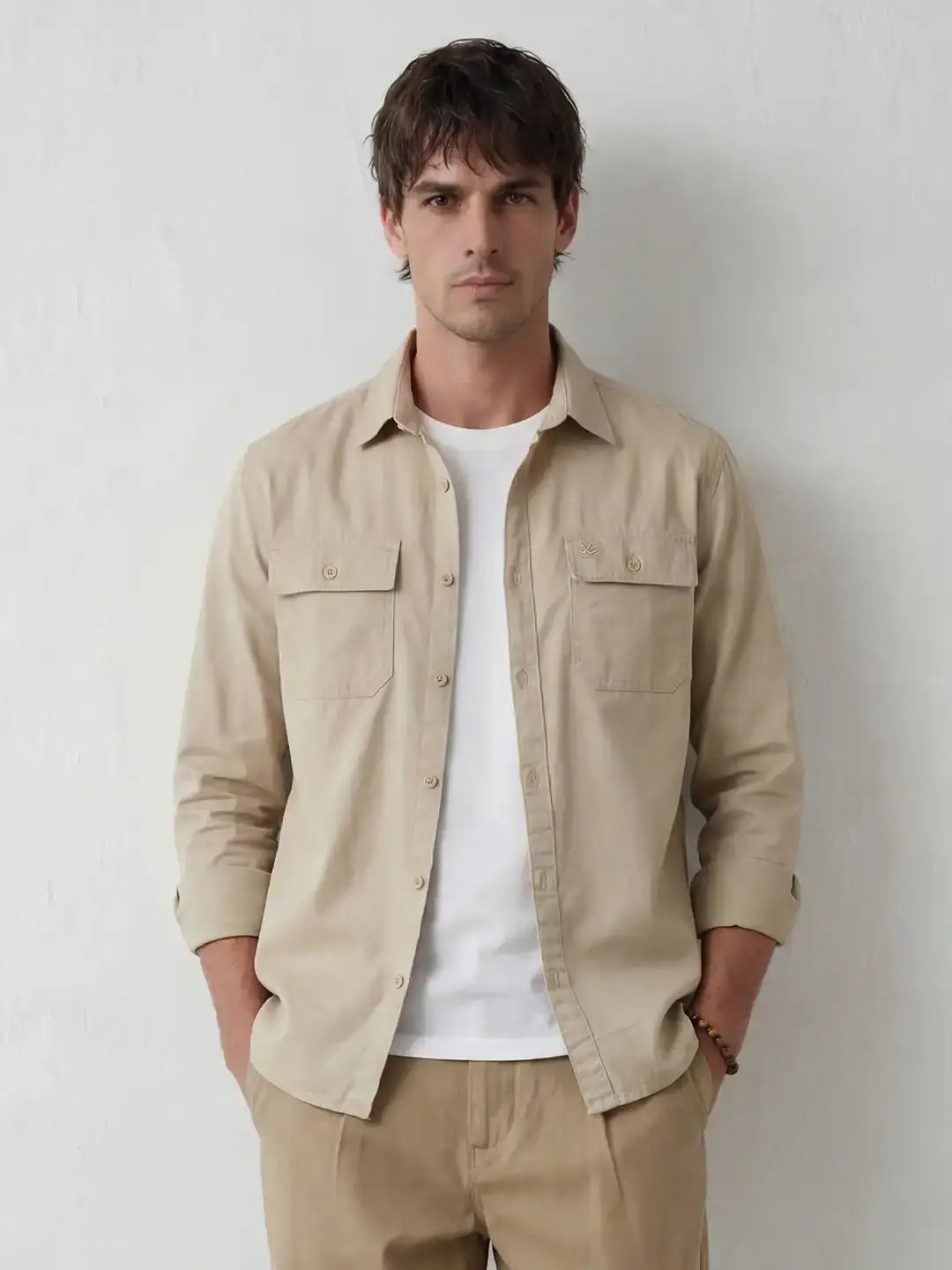 Comfort Fit Double Pocket Shirt | Beige