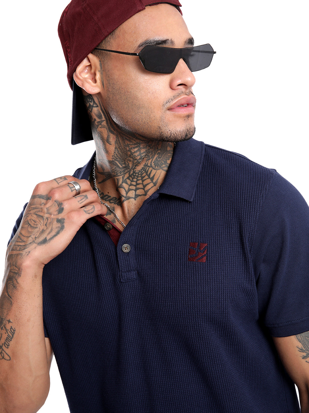 Solid Navy Waffle Knitted Polo T-Shirt