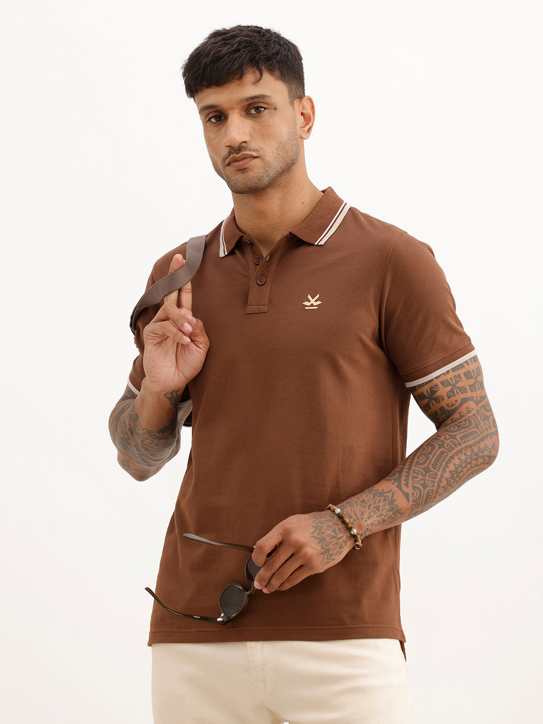 Solid Tipping Collar Polo T-Shirt | Brown | WWTS353F