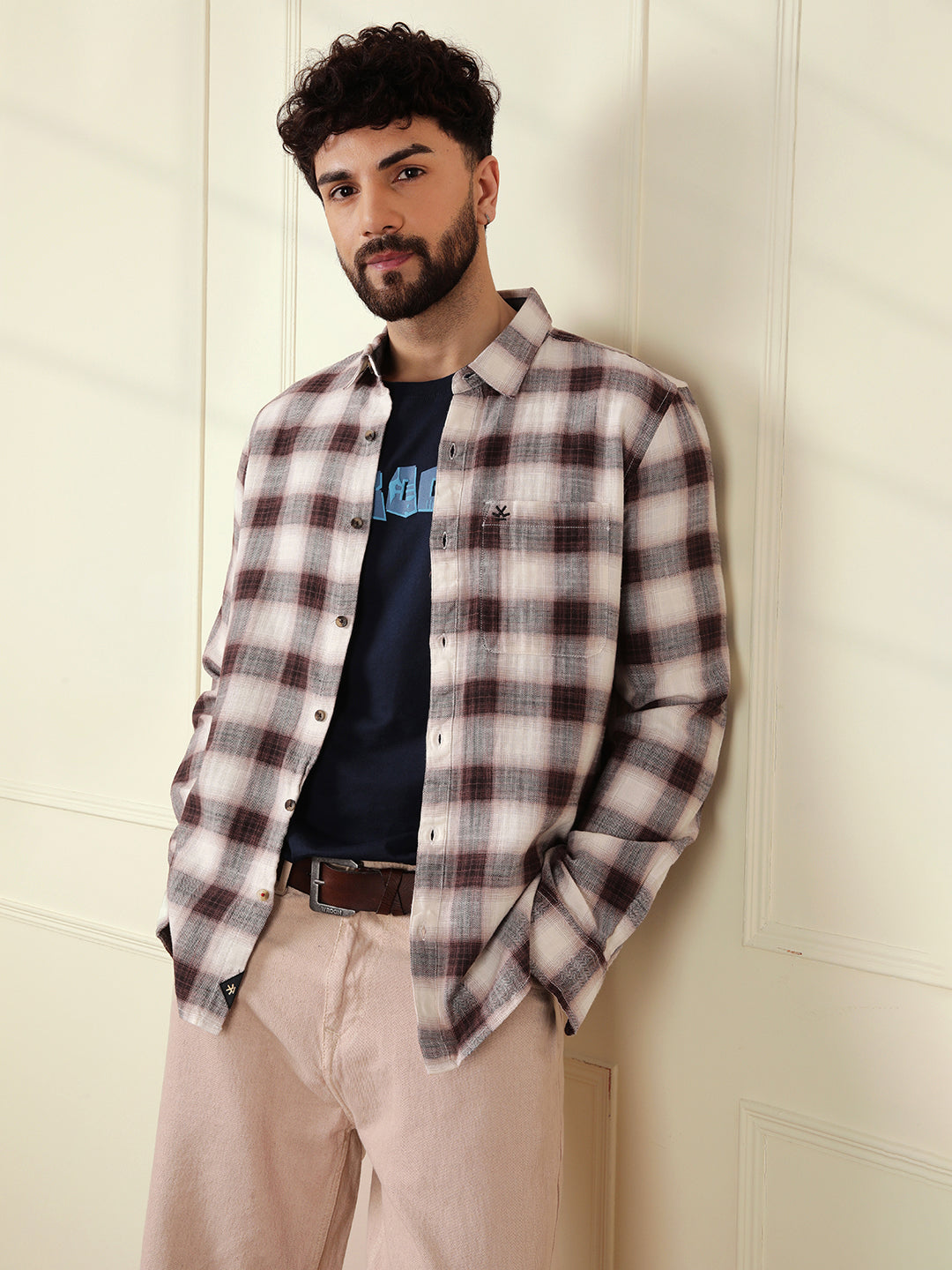 Shadow Checked Herringbone Shirt | Brown