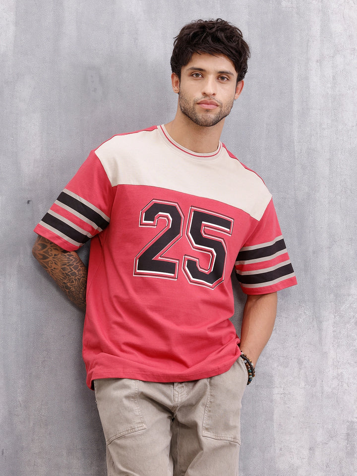 Men’s Colorblock Varsity Graphic Oversized Fit T-Shirt | Red