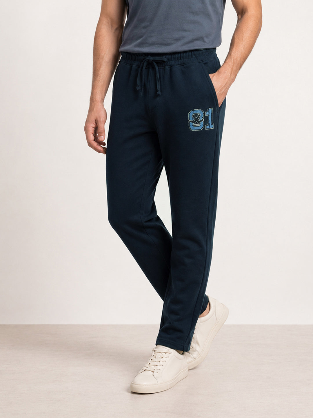 Solid Regular Fit Printed Jogger | Navy Blue