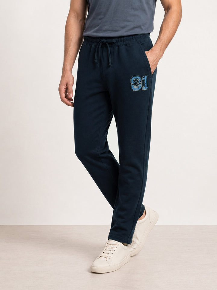 Solid Regular Fit Printed Jogger | Navy Blue