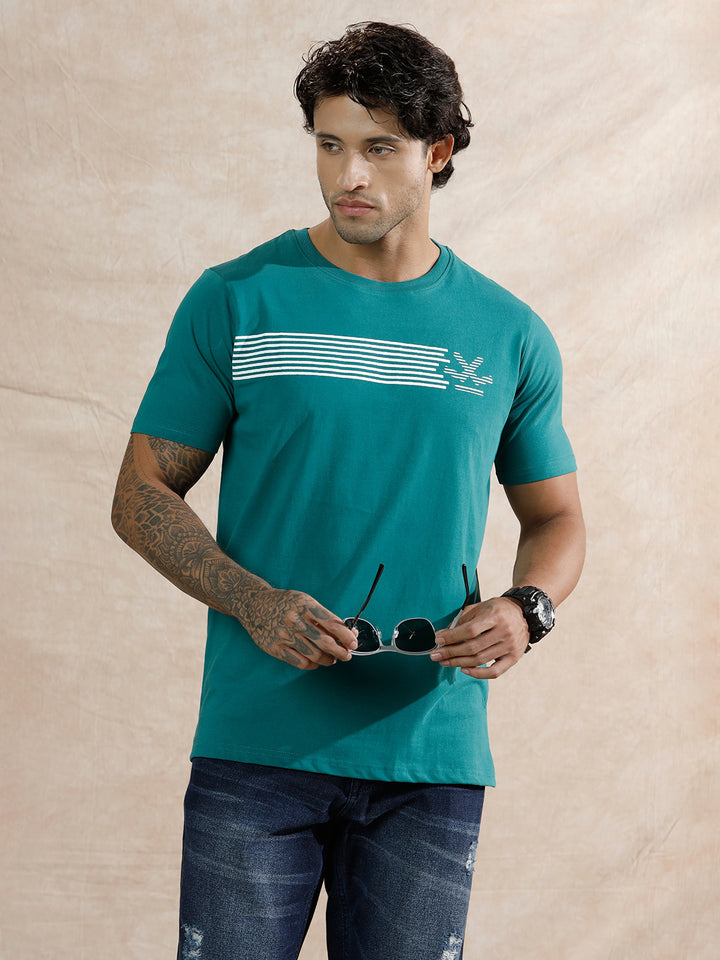 Striped Logo Printed T-Shirt | Teal