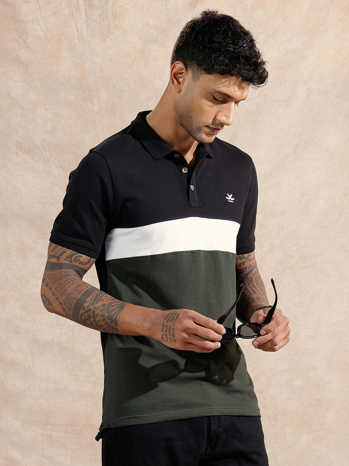 Cut & Sew Polo T-Shirt | Black & Olive