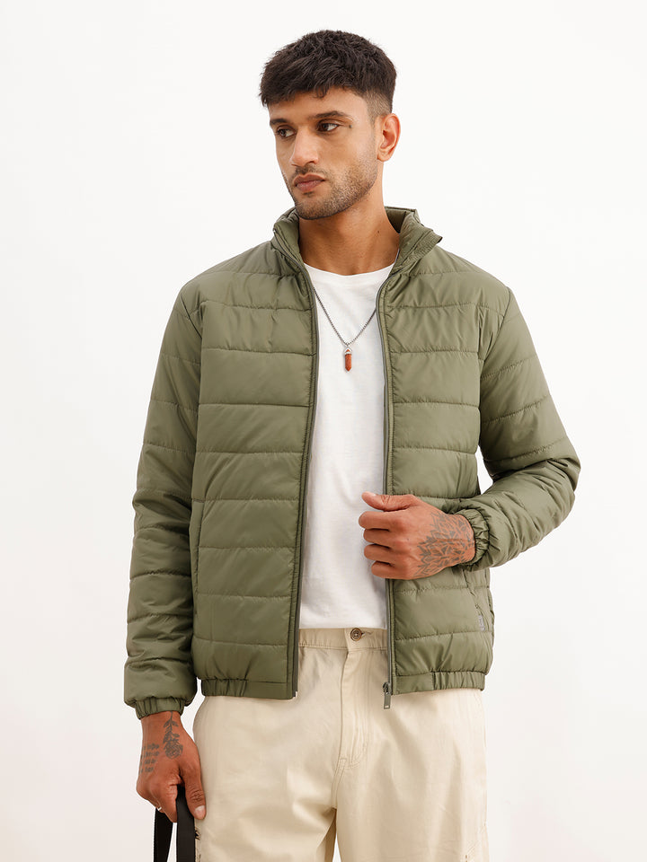 Solid Regular Fit Puffer Jacket | Green