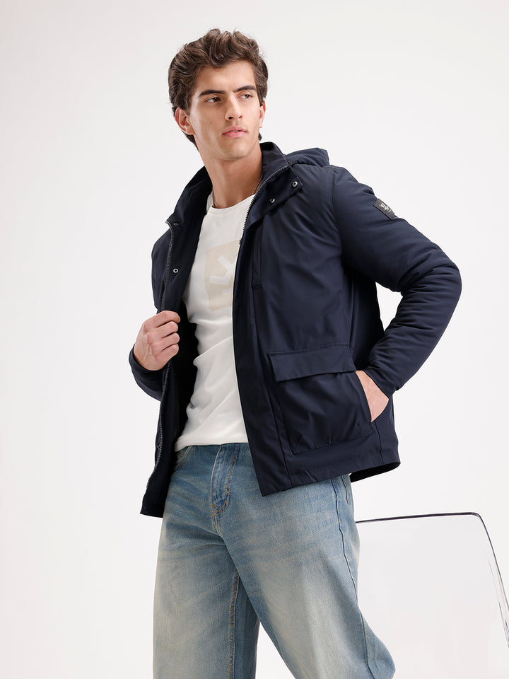 Slim Fit Double Pocket Hooded Jacket  | Navy Blue