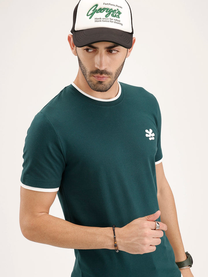 Reular Fit Contrast Collar HD Printed T-Shirt | Dark Green