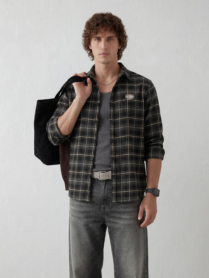 Smart Casual Check Shirt with Embellished Badge Accent | Black