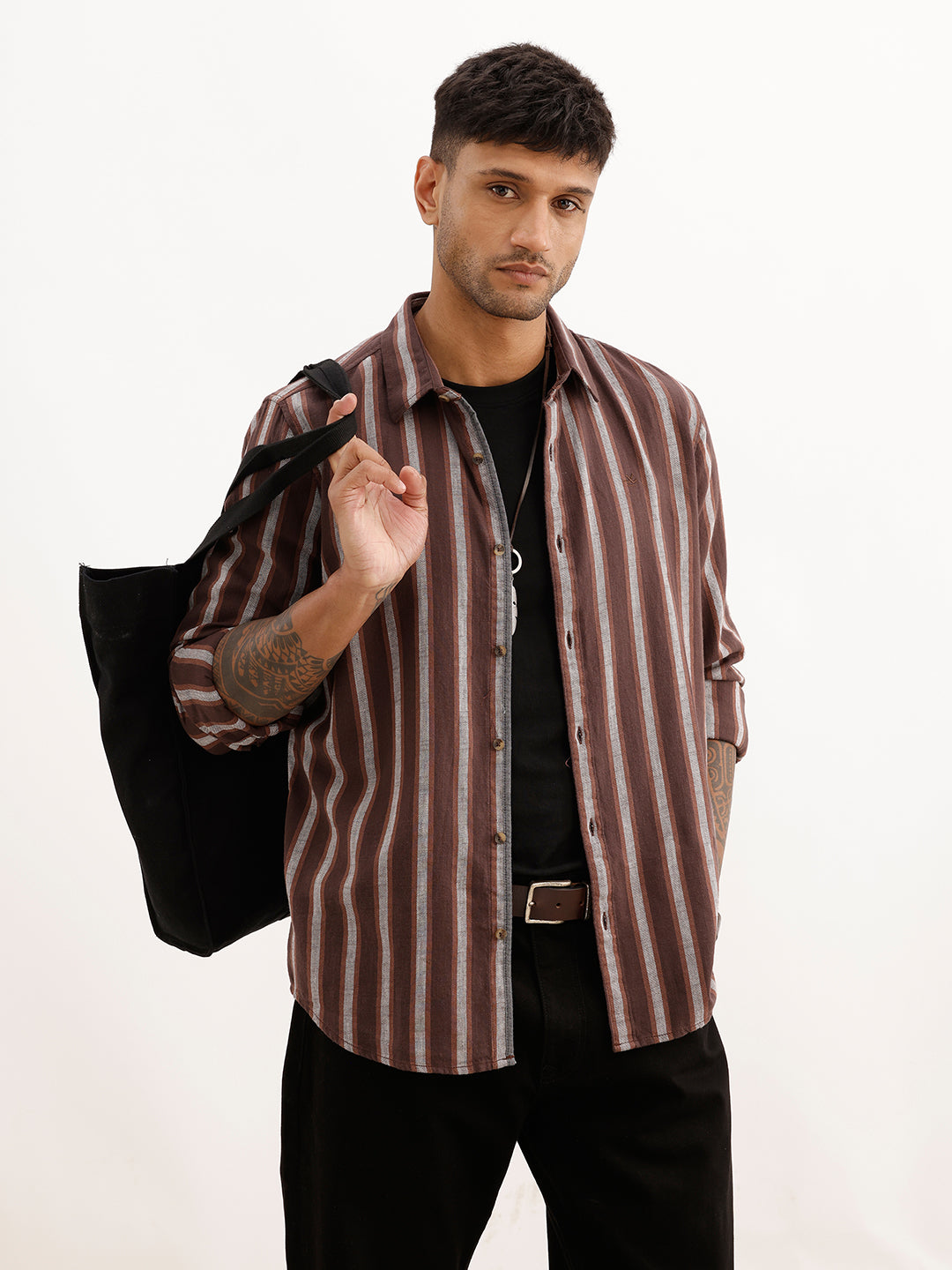 Slim Fit Striped Full Sleeve Shirt | Brown