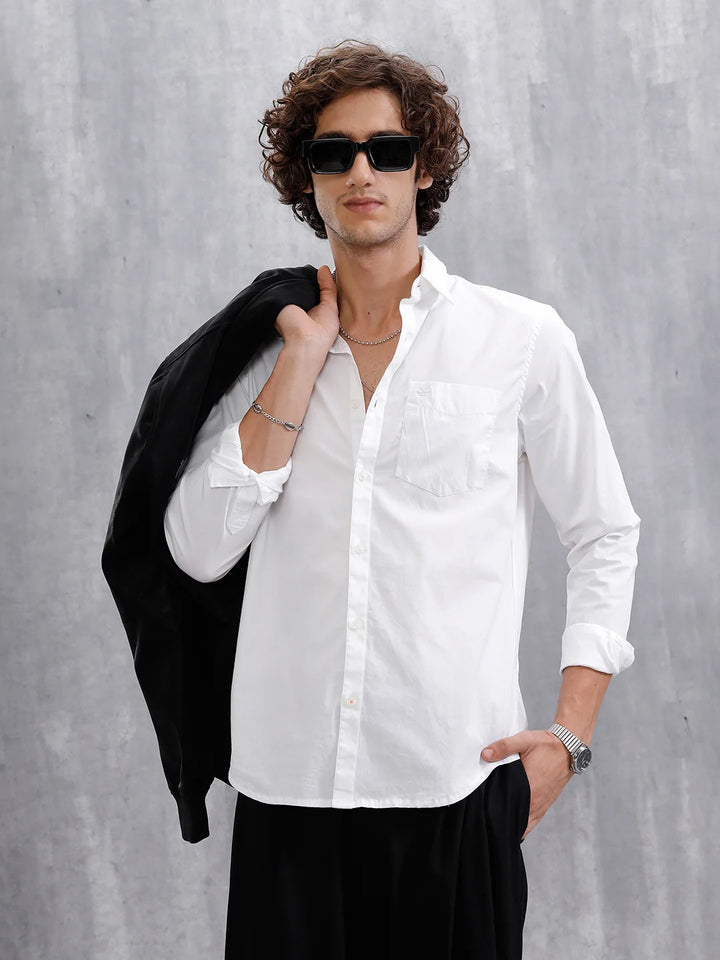 Solid Cotton Blend Slim Fit Shirt | White