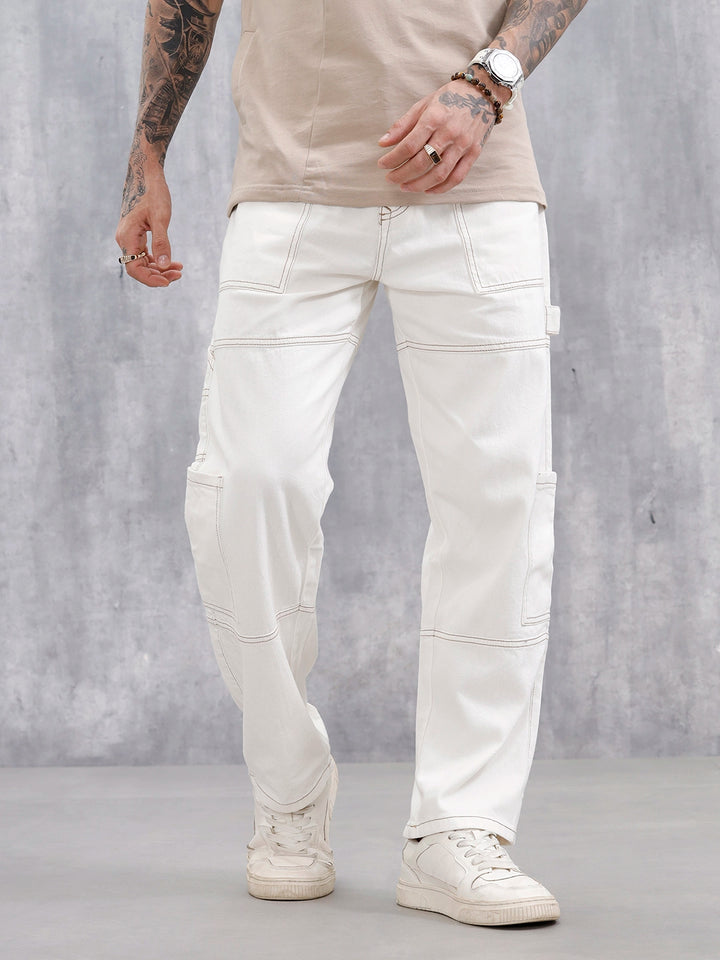 Men's Casual Loose Fit Carpenter Jeans | White