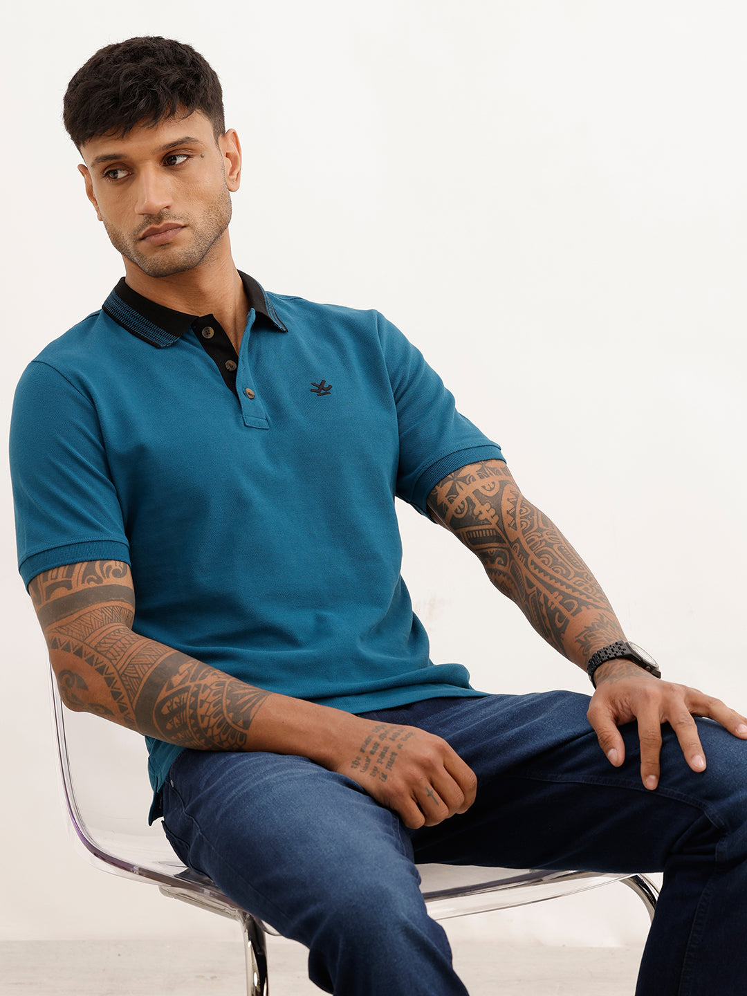 Solid Slim Fit Jacquard Collar Polo T-Shirt | Teal