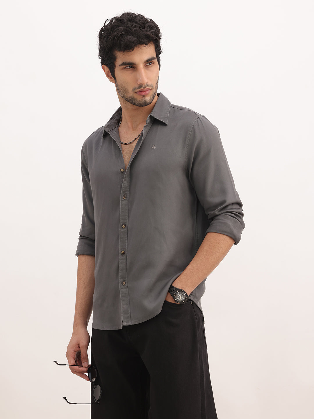 Solid Slim Fit 100% Tencel Shirt | Dark Grey