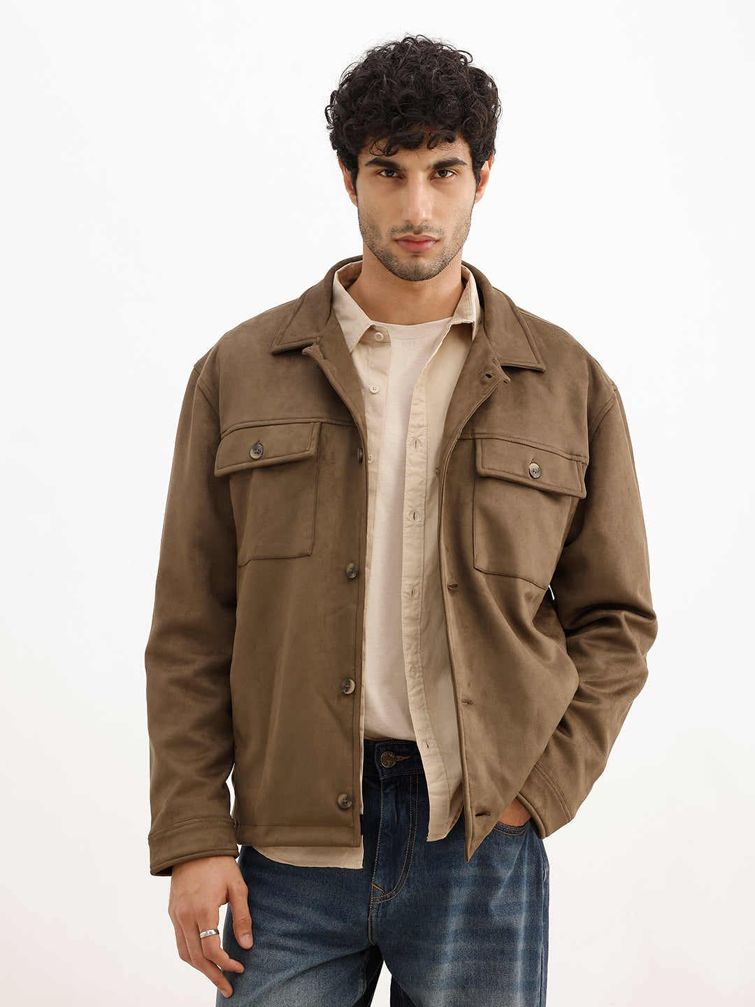 Solid Comfort Fit Double Pocket Jacket | Olive