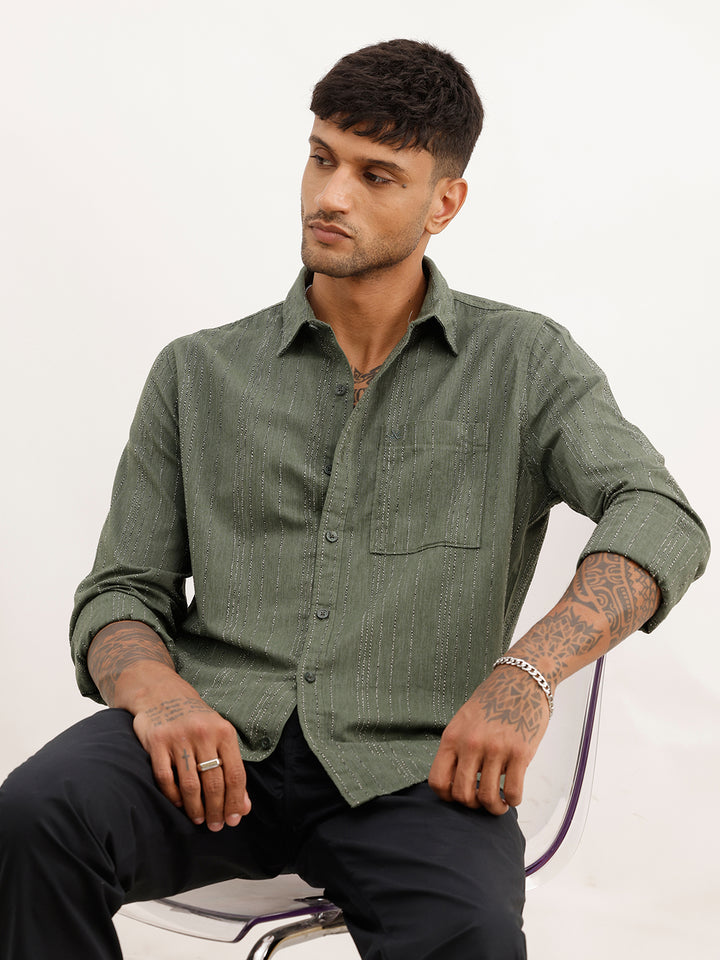 Slim Fit Textured Striped Full Sleeve Shirt | Dark Green