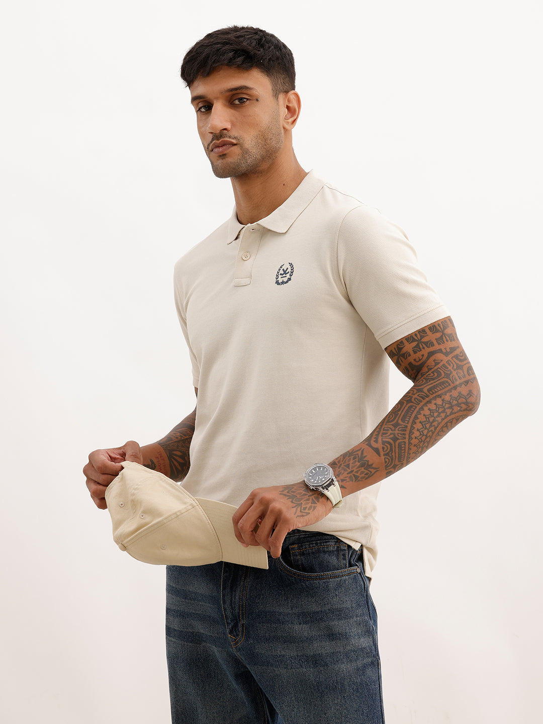 Slim Fit Placement Printed Polo T-Shirt | Beige