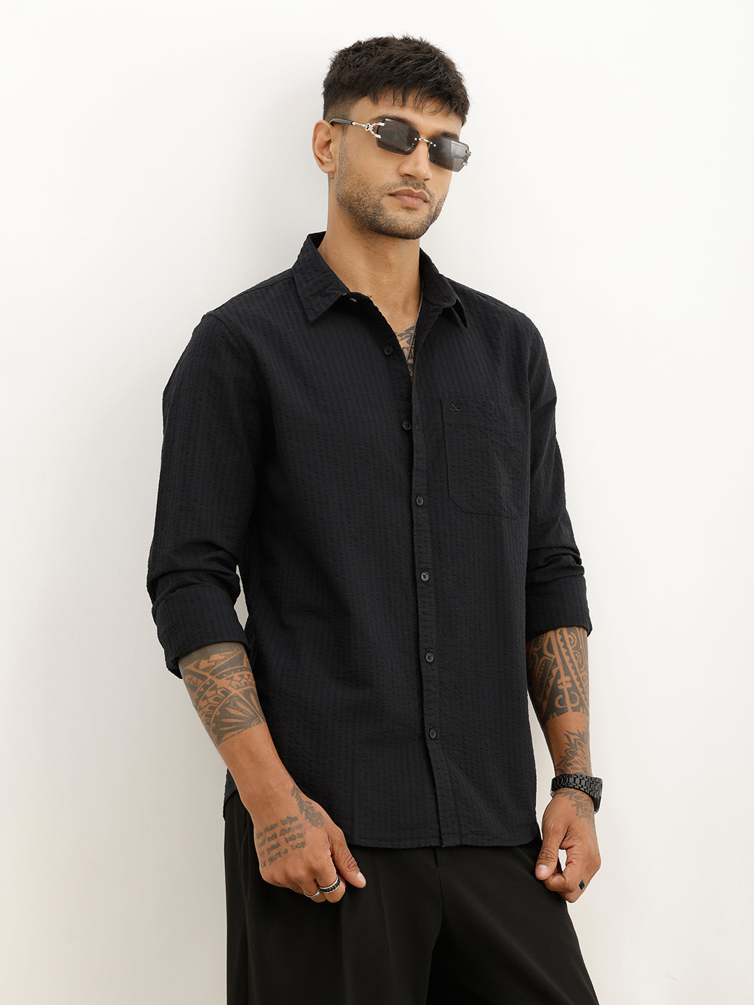 Solid Slim Fit Textured Full Sleeve Shirt | Black