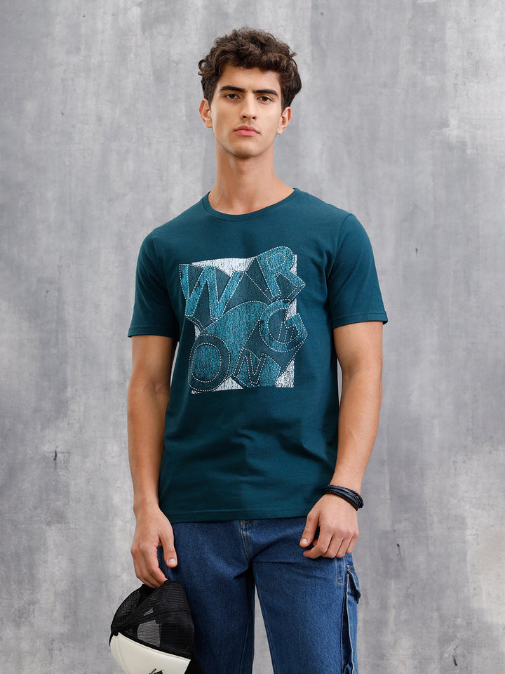 Denim Patchwork Inspired Chest Graphic T-Shirt | Teal