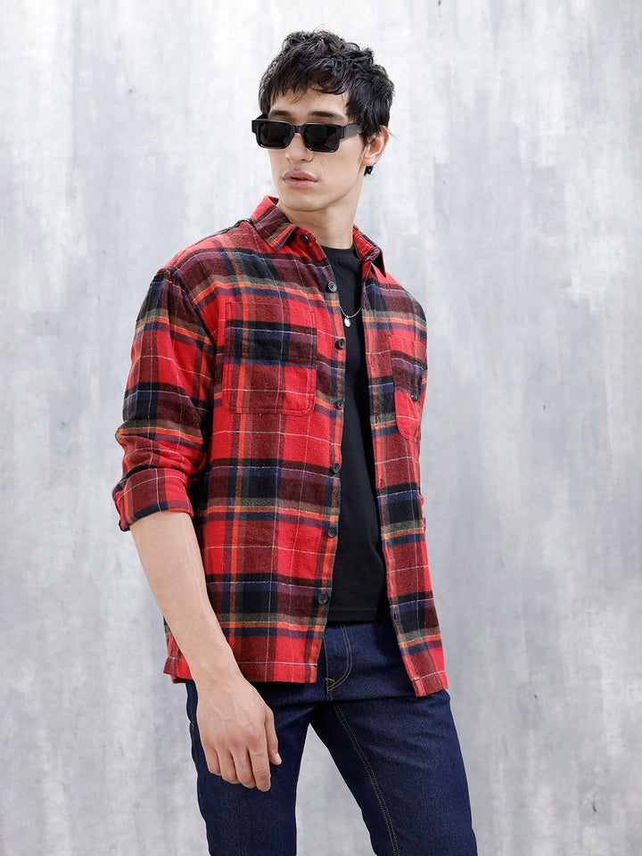 Wrogn Men's Checked Oversized Shirt | Red