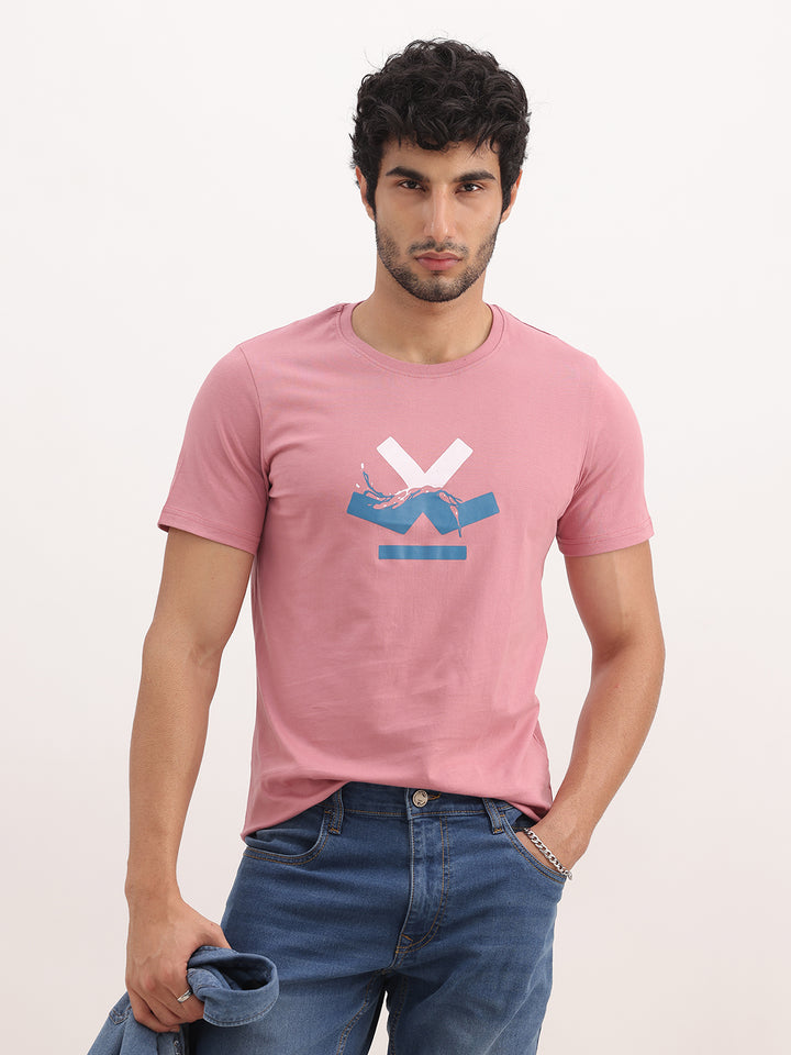 Solid Regular Fit Placement Printed T-Shirt | Pink