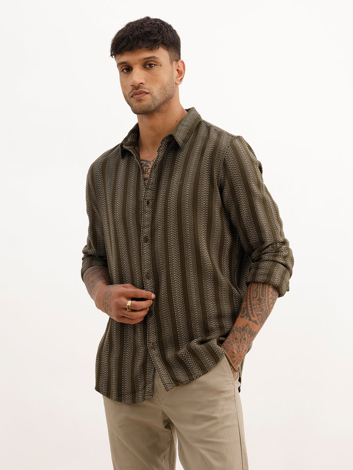 Textured Slim Fit Striped Shirt | Olive