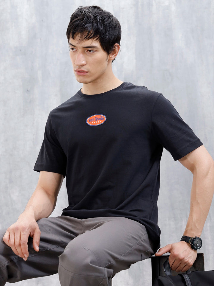 Wrogn Men's Badge Printed Graphic T-Shirt | Black