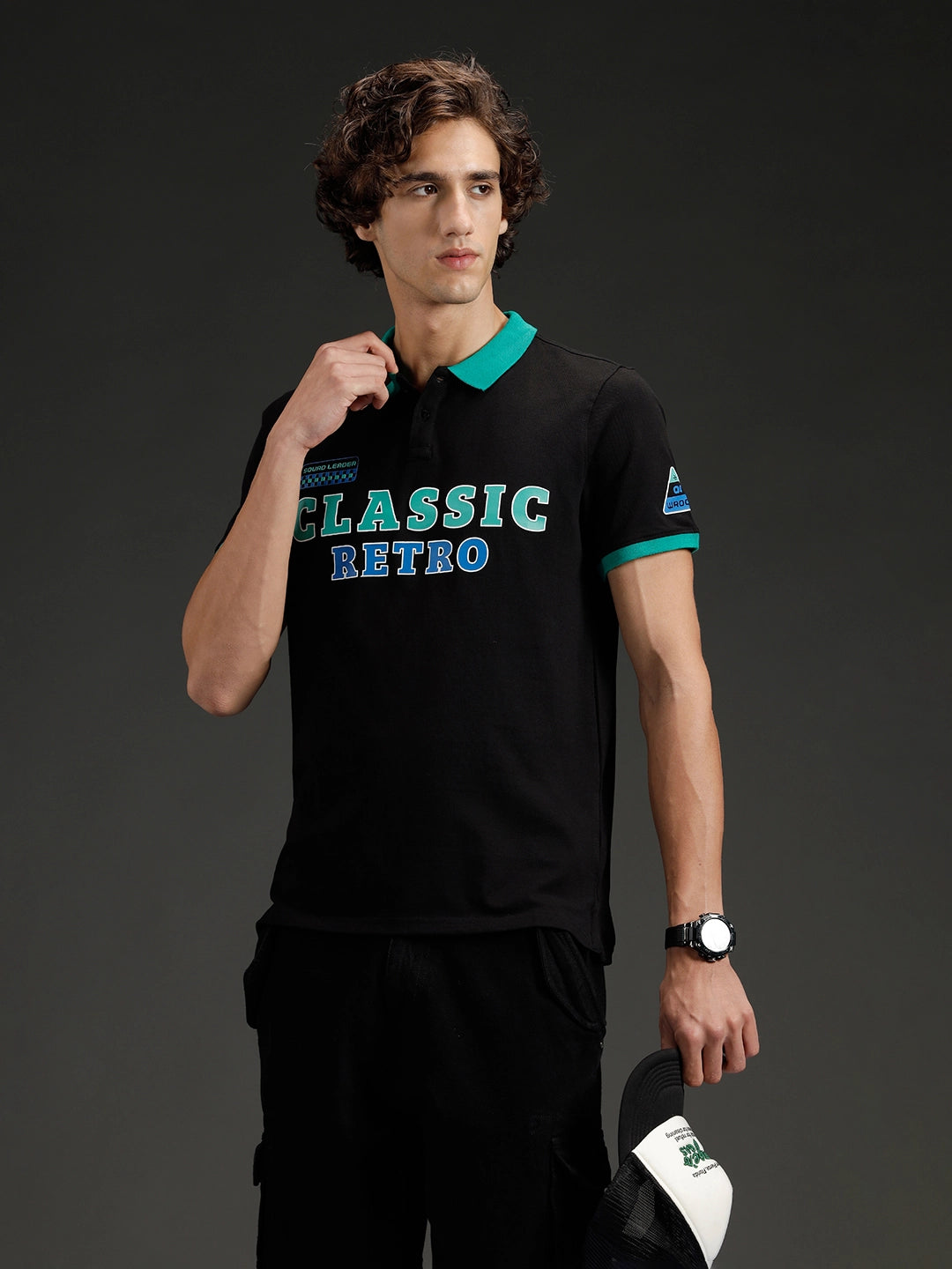Wrogn Men's Typography Printed Contrast Collared Polo T-shirt | Black