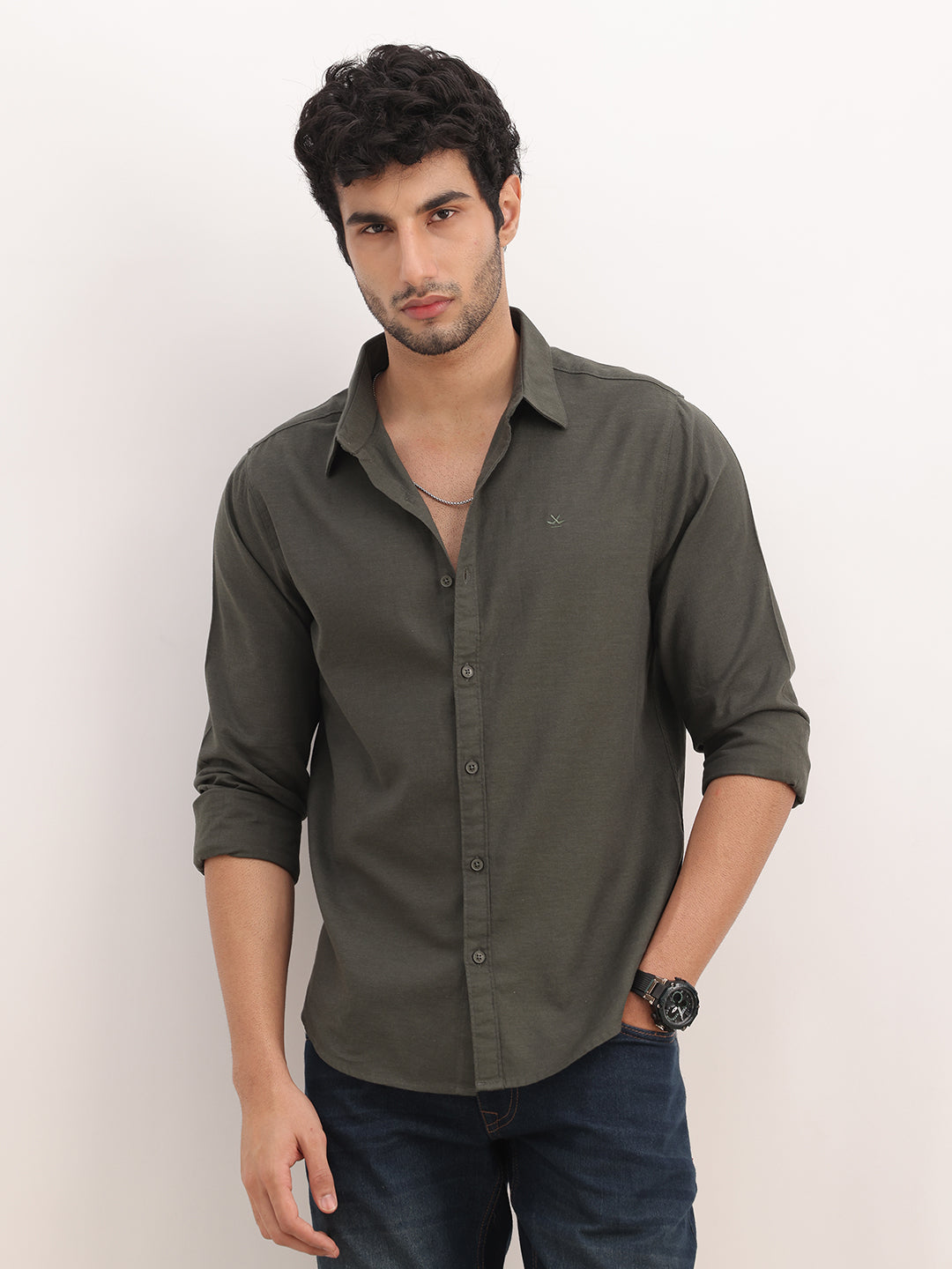 Slim Fit Solid Full Sleeve Shirt | Olive