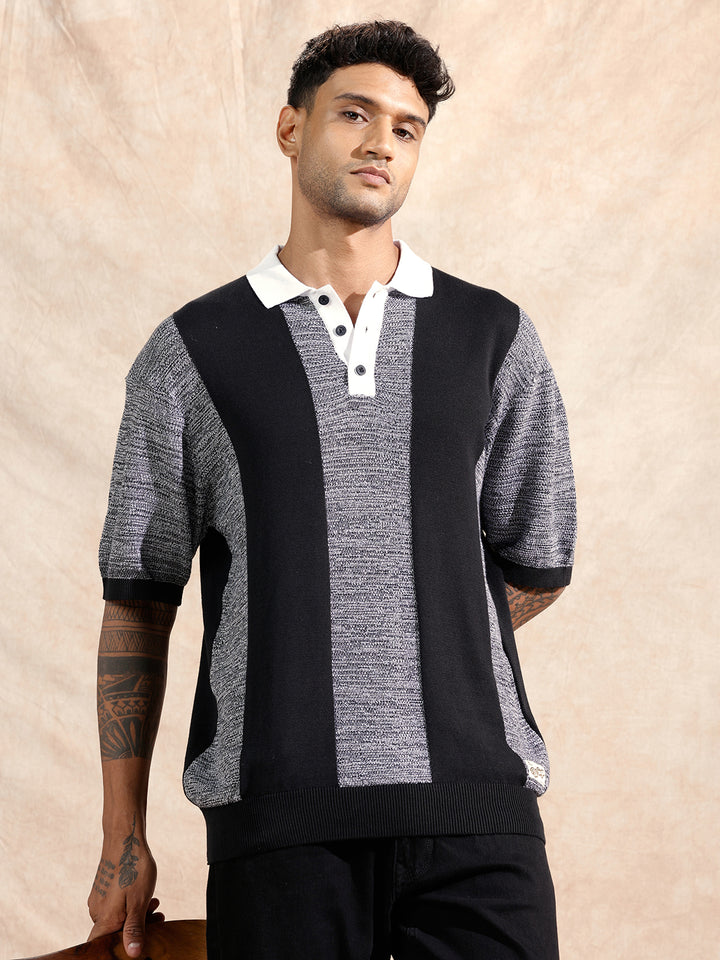 Textured Flat Knit Polo T-Shirt | Black & Grey