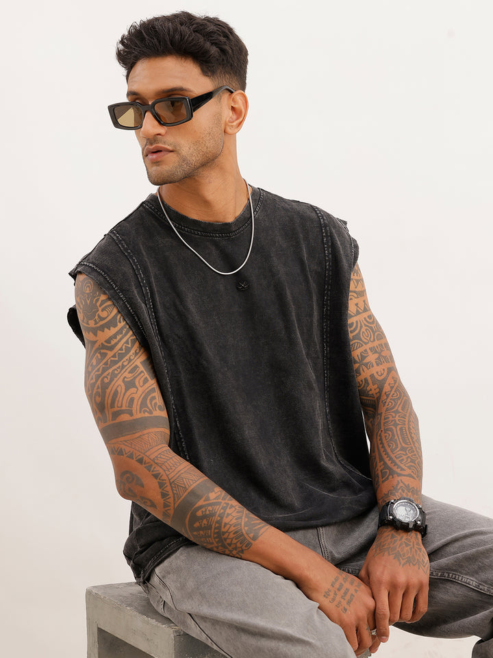 Washed Cut Off Sleeves T-Shirt | Black
