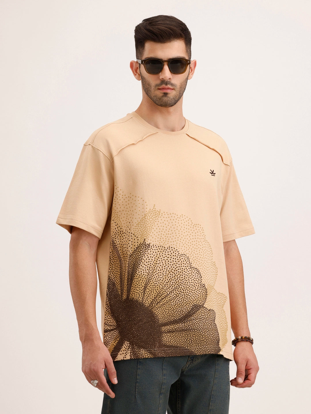 Oversized Cut & Sew Placement Printed T-Shirt | Beige