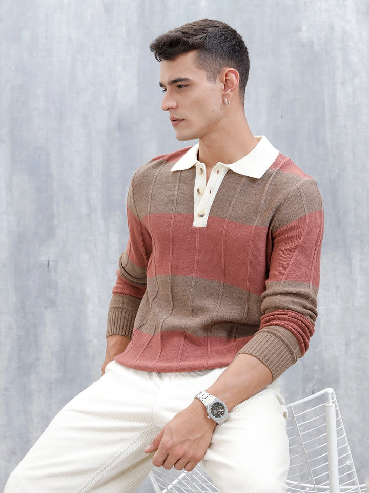Men's Striped Polo Collar Sweater | Brown