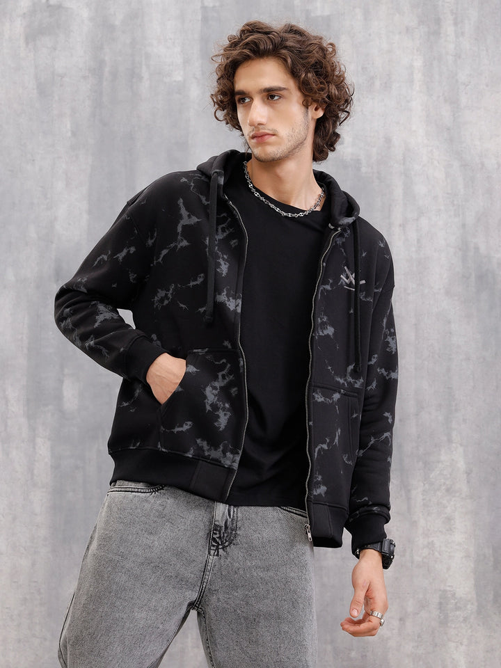 Distressed Printed Front Open Hooded Sweatshirt  |  Black