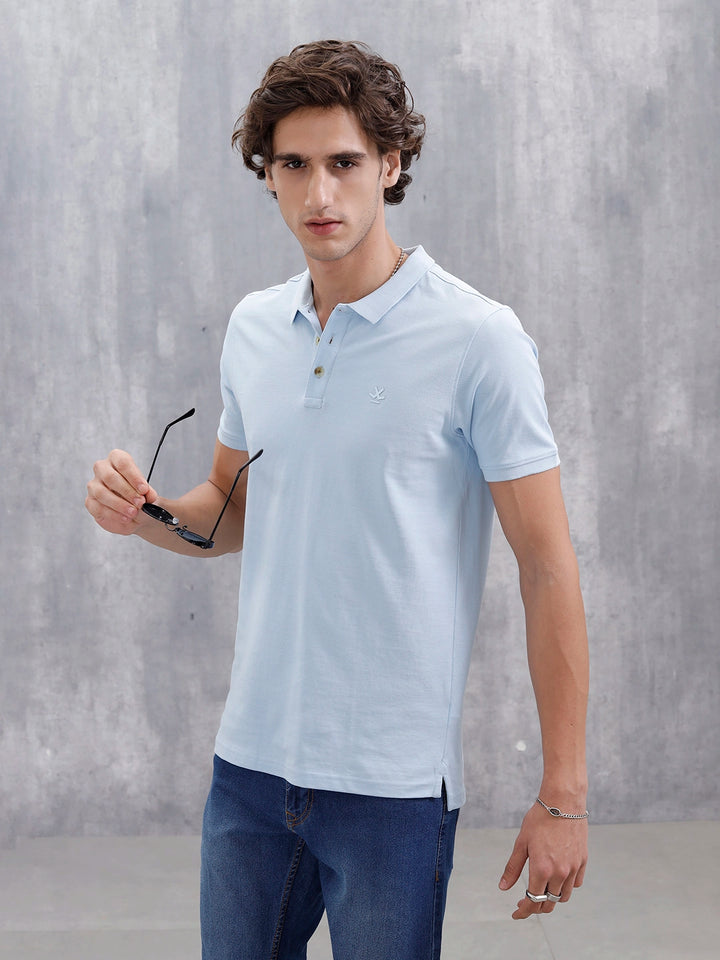 Casual Slim Fit Solid Polo T-Shirt | Light Blue