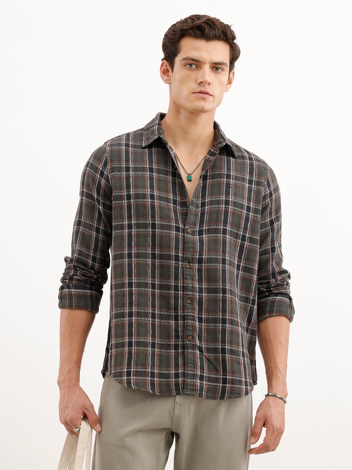 Textured Slim Fit Checekerd Shirt  | Olive