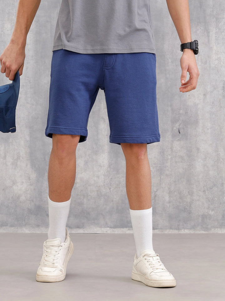 Textured Regular Fit Shorts With Logo Embroidery | Blue