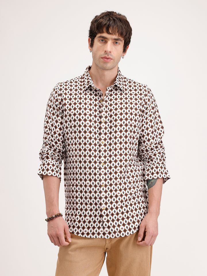 Slim Fit AOP Full Sleeve Shirt | Brown