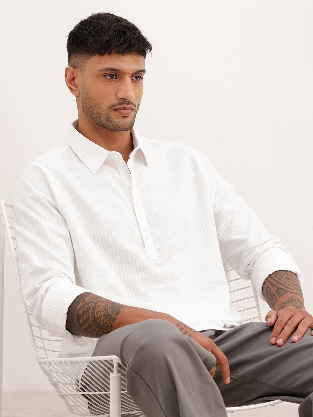 Textured Half Placket Full Sleeve Shirt | White