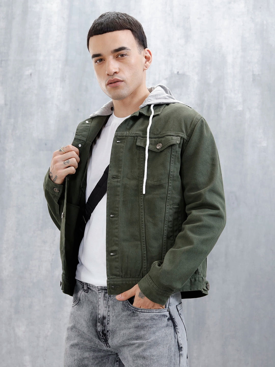 Wrogn Men's Casual Hooded Denim Jacket | Olive