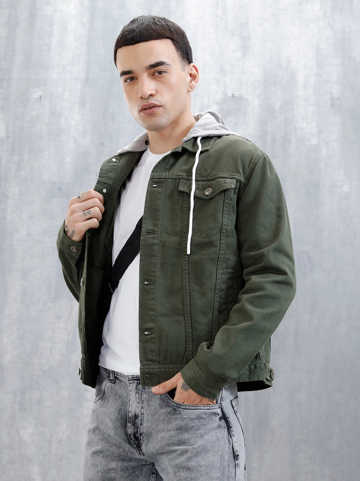 Wrogn Men's Casual Hooded Denim Jacket | Olive