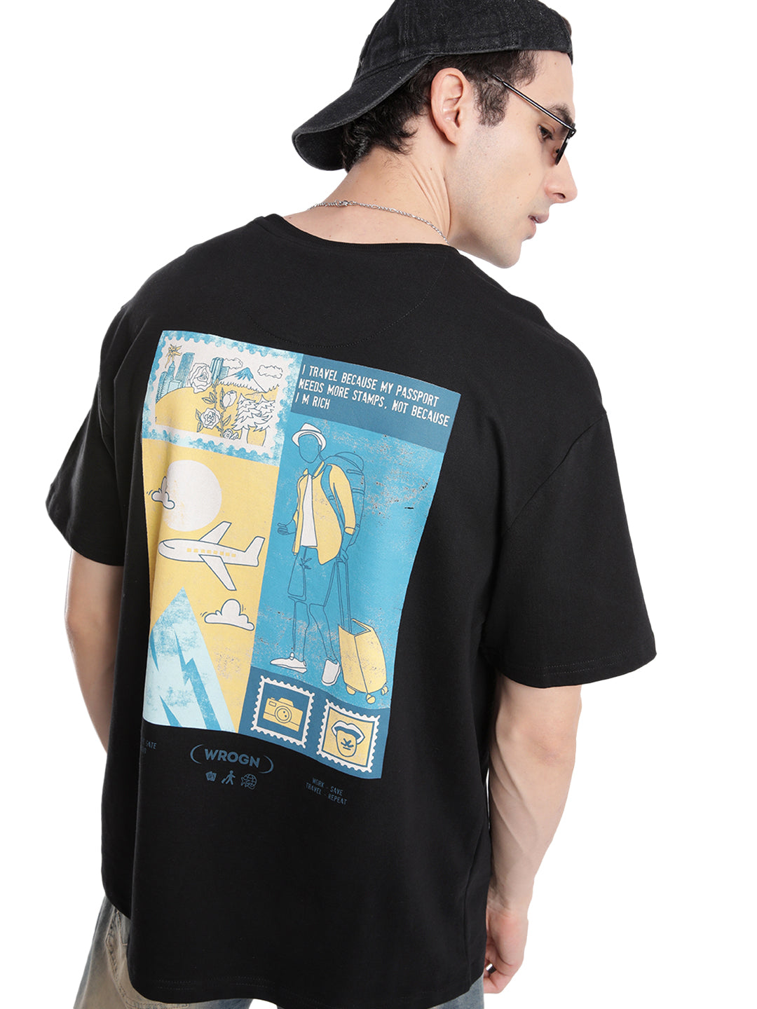 Travel Stamp Printed Black T-Shirt