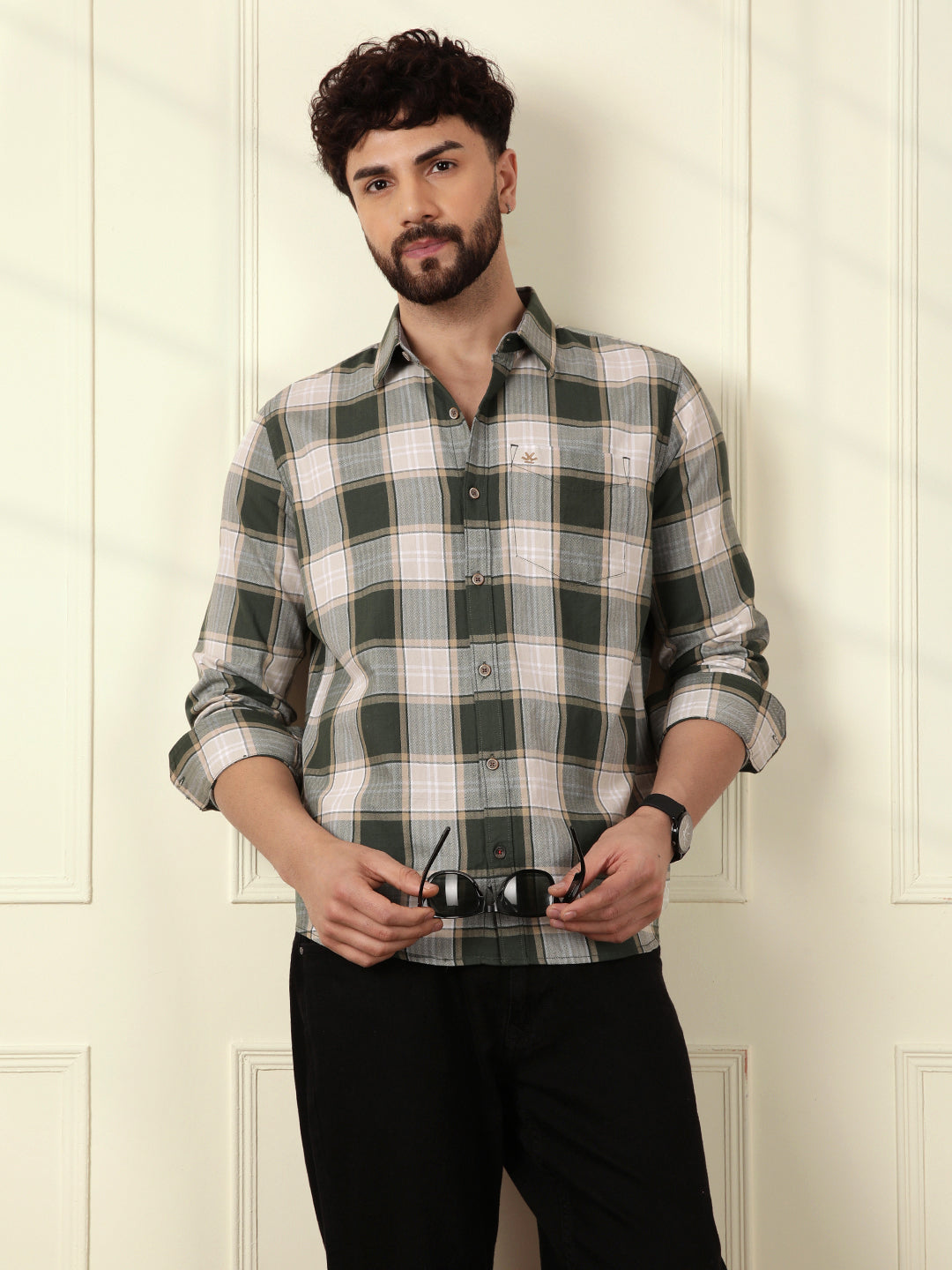 Herringbone Textured Check Shirt | Green