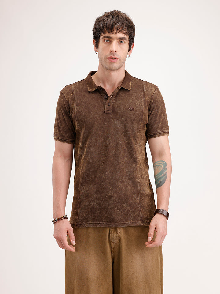 Slim Fit Washed Cut & Sew Polo T-Shirt | Brown